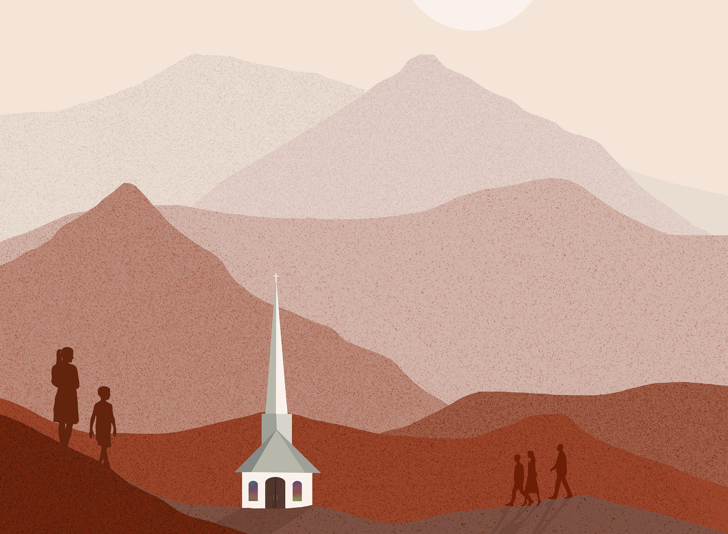 A small country church with a steeple is seen in the mountains a / Rob Goebel - stock.adobe.com A small country church with a steeple is seen in the mountains as people walk toward the church.