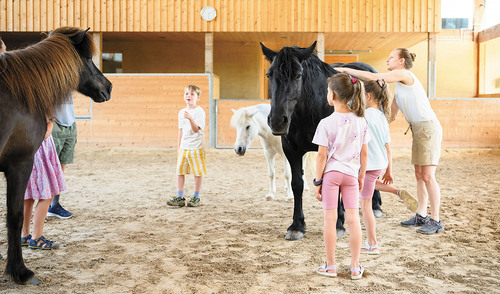 Staunende Kinder bei den Pferden in der Propstei St. Gerold.   